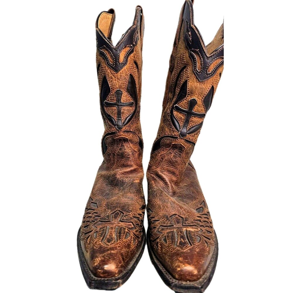 J.B.Dillon Cowboy Boots Mens 9.5 Brown Distressed Leather Cross Western Snip Toe